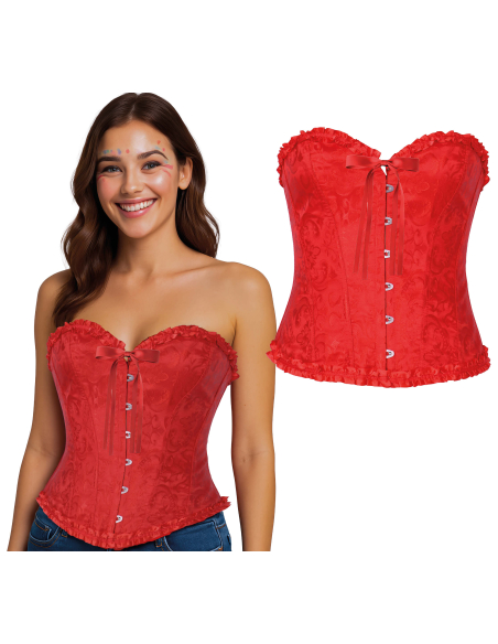 Corset rouge satiné à motifs – Bustier damassé sexy avec volants (S à L)