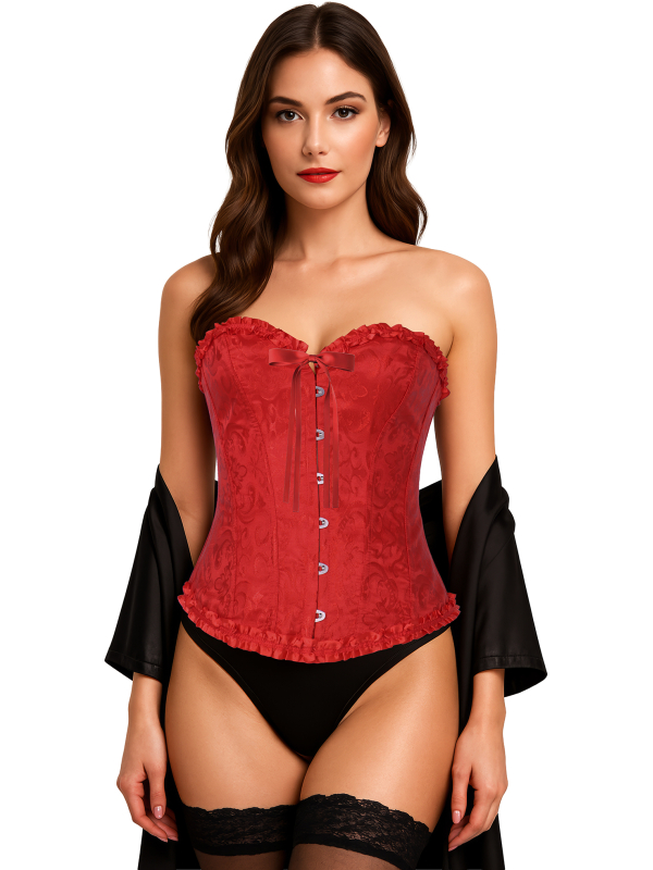 Corset rouge satiné à motifs – Bustier damassé sexy avec volants (S à L)