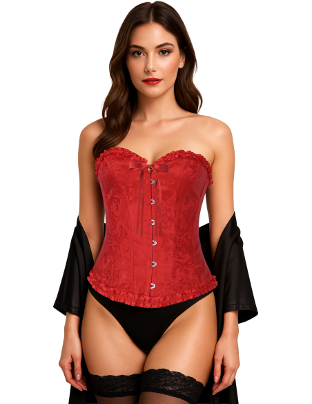 Corset rouge satiné à motifs – Bustier damassé sexy avec volants (S à L)