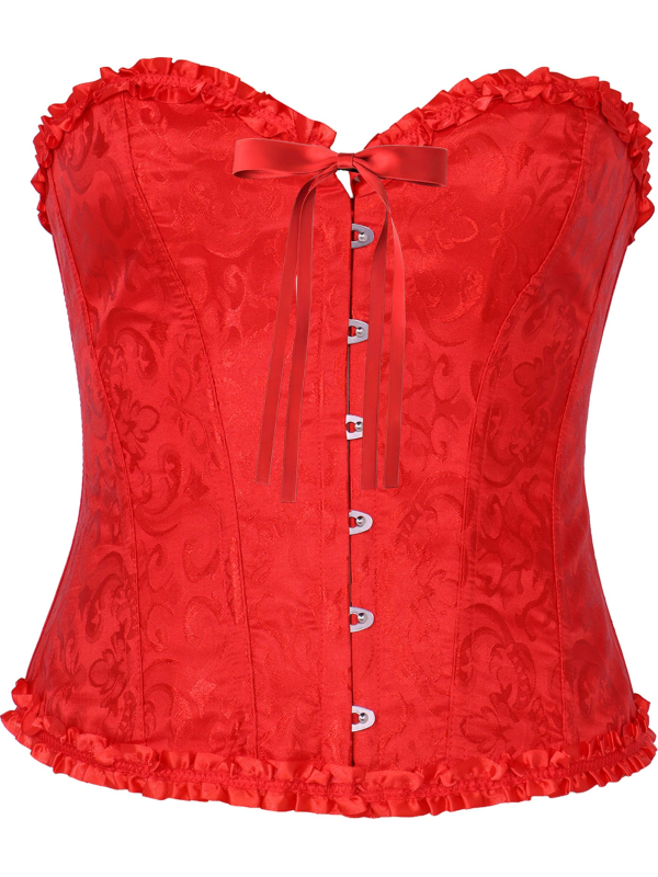 Corset rouge satiné à motifs – Bustier damassé sexy avec volants (S à L)