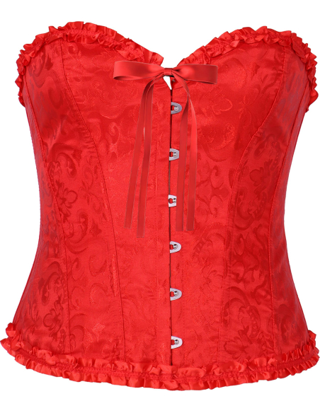 Corset rouge satiné à motifs – Bustier damassé sexy avec volants (S à L)