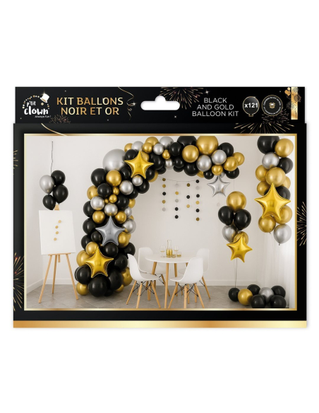 Kit 115 ballons noir, or et argent – Arche de ballons soirée chic
