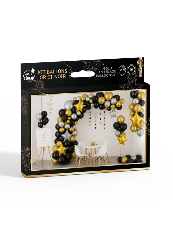Kit 115 ballons noir, or et argent – Arche de ballons soirée chic
