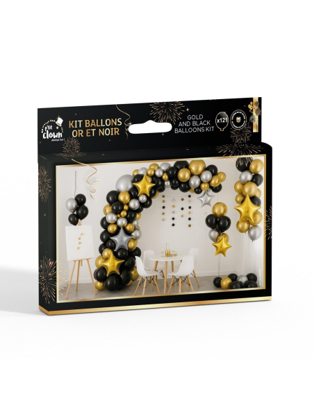 Kit 115 ballons noir, or et argent – Arche de ballons soirée chic