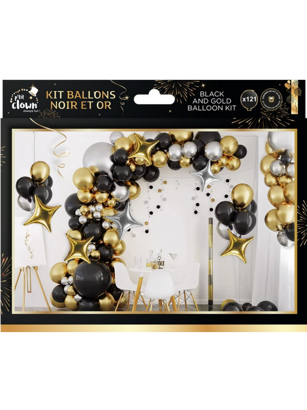 Kit 115 ballons noir, or et argent – Arche de ballons soirée chic