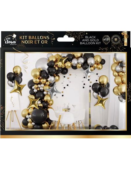 Kit 115 ballons noir, or et argent – Arche de ballons soirée chic