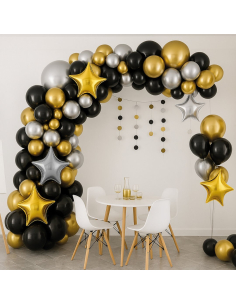 Kit 115 ballons noir, or et argent – Arche de ballons soirée chic