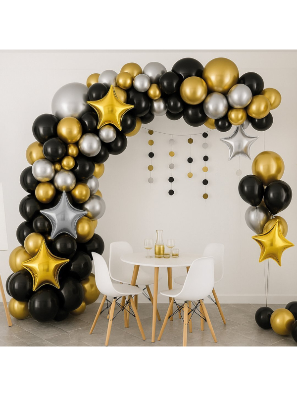 Kit 115 ballons noir, or et argent – Arche de ballons soirée chic