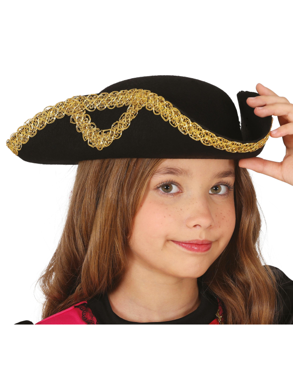 Chapeau tricorne enfant noir bordure dorée – Accessoire pirate & costume baroque