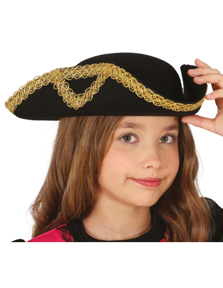 Chapeau tricorne enfant noir bordure dorée – Accessoire pirate & costume baroque
