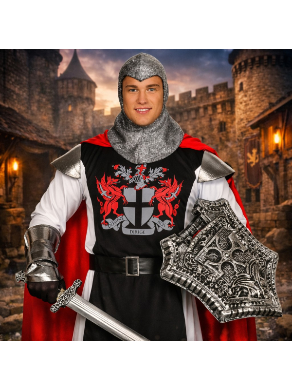 Déguisement chevalier médiéval homme – Tunique, cape rouge & capuche