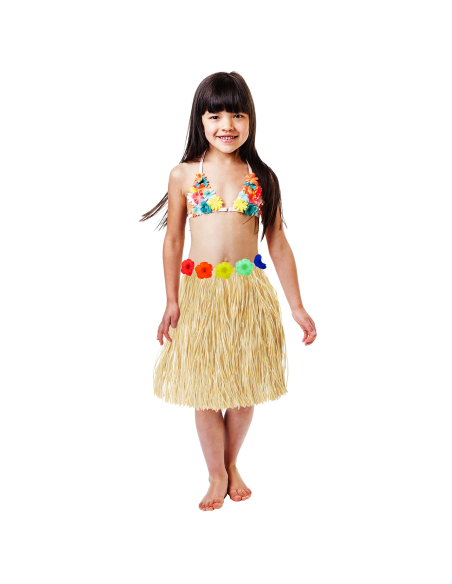 Jupe Hawaï enfant en raphia avec fleurs colorées – Taille unique