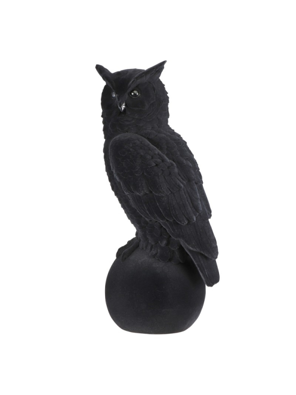 Statue chouette velours noir en résine 46 cm – Déco Halloween chic