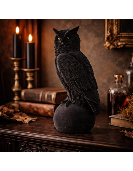 Statue chouette velours noir en résine 46 cm – Déco Halloween chic