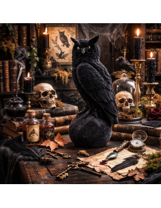 Statue chouette velours noir en résine 46 cm – Déco Halloween chic