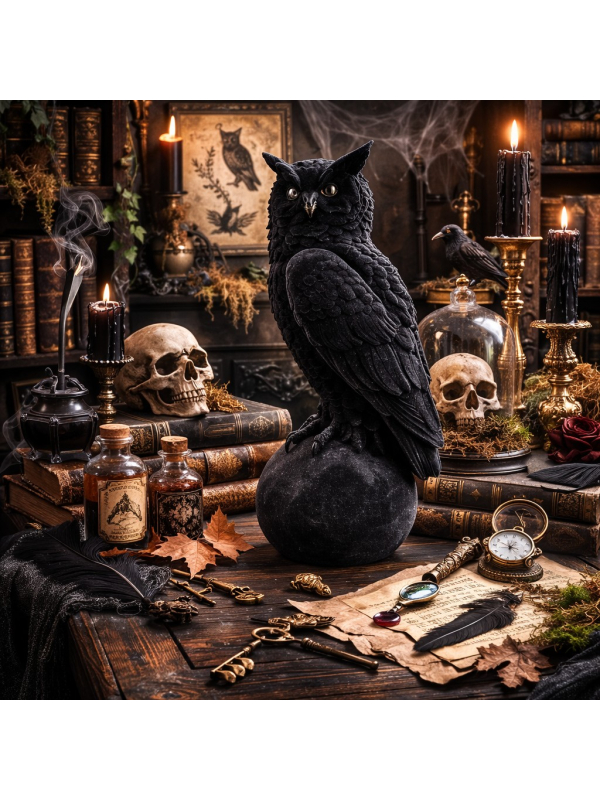Statue chouette velours noir en résine 46 cm – Déco Halloween chic