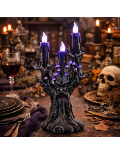 Chandelier arbre maléfique LED violet avec visage sculpté