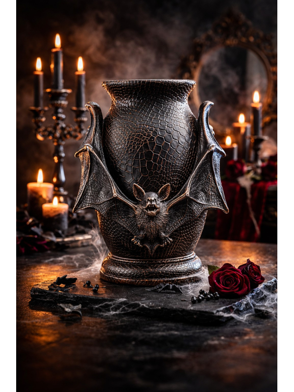 Déco Halloween chic – Urne chauve-souris noire en résine 26 cm effet peau de serpent