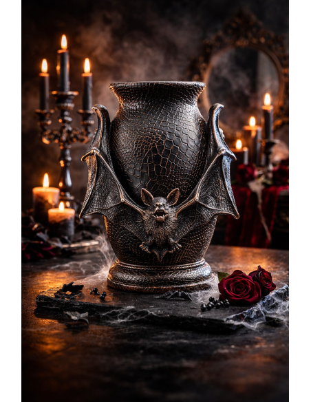 Déco Halloween chic – Urne chauve-souris noire en résine 26 cm effet peau de serpent
