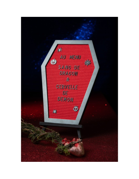 Tableau à lettres cercueil avec chevalet en bois 40 cm – Décoration Halloween personnalisable