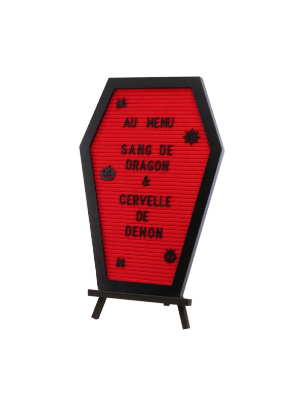 Tableau à lettres cercueil avec chevalet en bois 40 cm – Décoration Halloween personnalisable