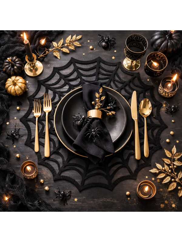 Set de Table Toile d’Araignée en Feutrine Noire Ø38 cm – Décoration Halloween Chic