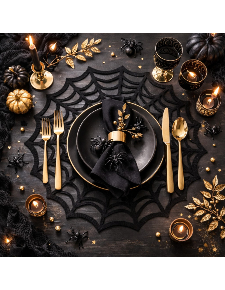 Set de Table Toile d’Araignée en Feutrine Noire Ø38 cm – Décoration Halloween Chic
