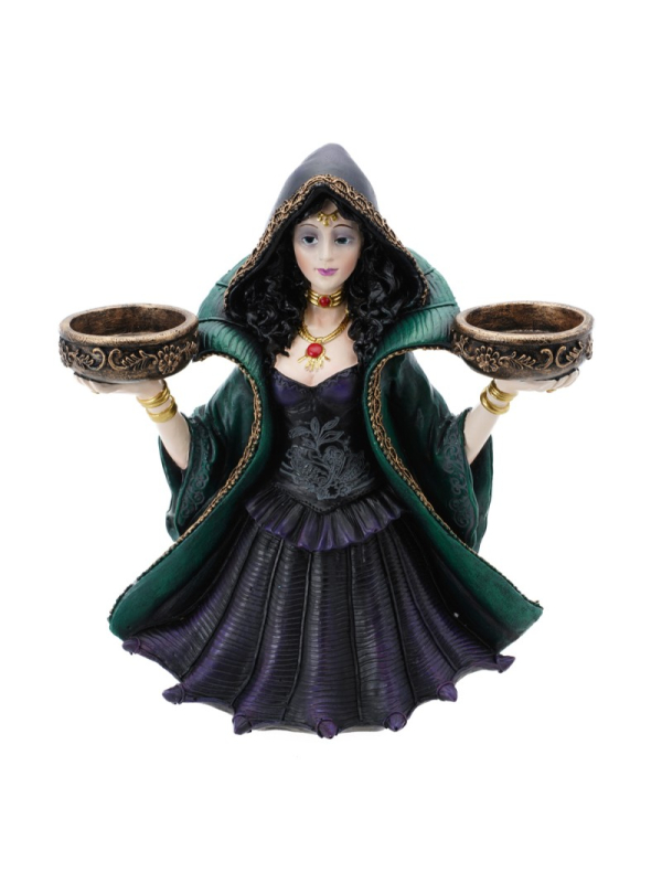 Sorcière en polyrésine porte 2 bougies 24,5 cm – Déco Halloween gothique chic