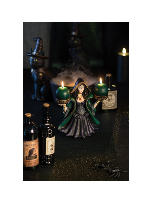Sorcière en polyrésine porte 2 bougies 24,5 cm – Déco Halloween gothique chic