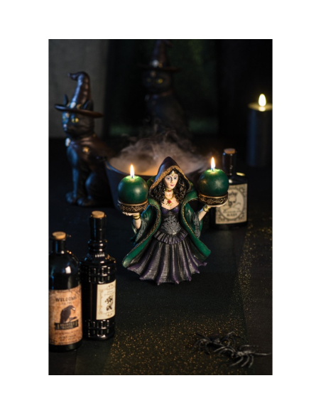 Sorcière en polyrésine porte 2 bougies 24,5 cm – Déco Halloween gothique chic