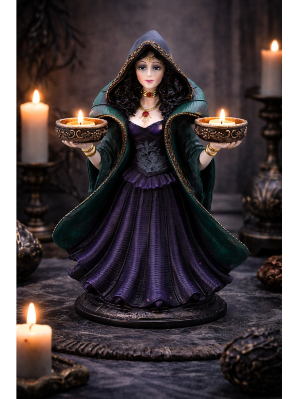 Sorcière en polyrésine porte 2 bougies 24,5 cm – Déco Halloween gothique chic