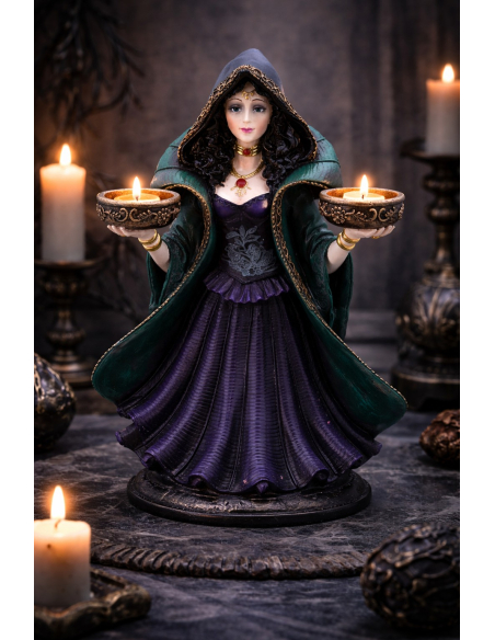 Sorcière en polyrésine porte 2 bougies 24,5 cm – Déco Halloween gothique chic