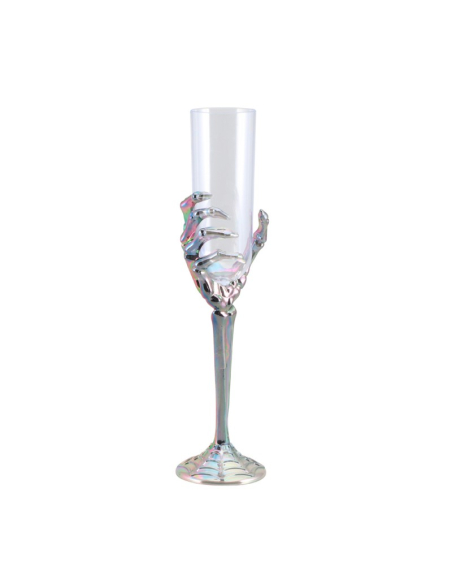 Coupe transparente main squelette irisée – Flûte Halloween chic 26 cm