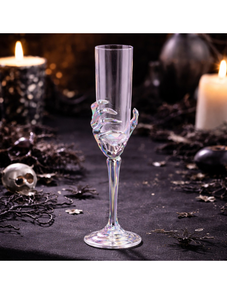 Coupe transparente main squelette irisée – Flûte Halloween chic 26 cm