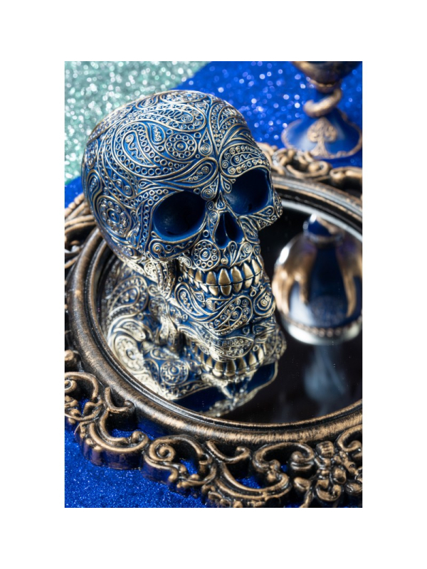 Crâne résine Blue Magic Baroque – Décoration gothique chic bleu et or