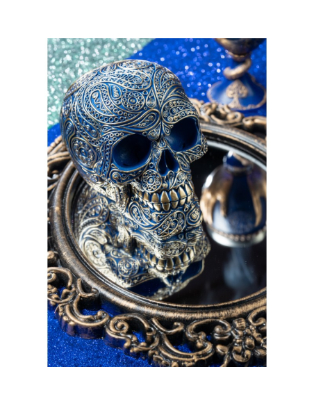 Crâne résine Blue Magic Baroque – Décoration gothique chic bleu et or
