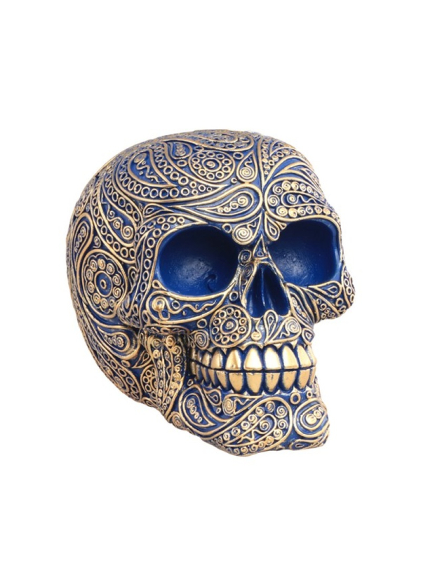 Crâne résine Blue Magic Baroque – Décoration gothique chic bleu et or