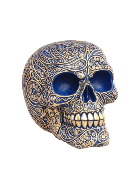 Crâne résine Blue Magic Baroque – Décoration gothique chic bleu et or