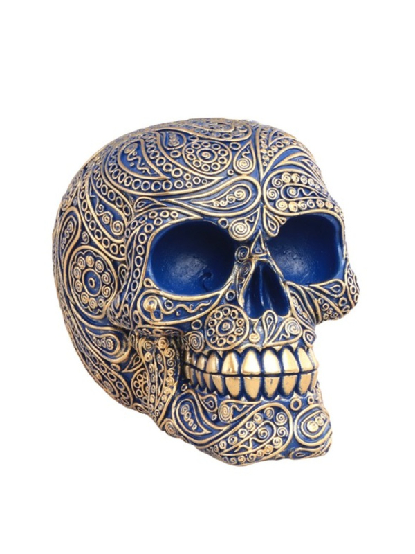 Crâne résine Blue Magic Baroque – Décoration gothique chic bleu et or