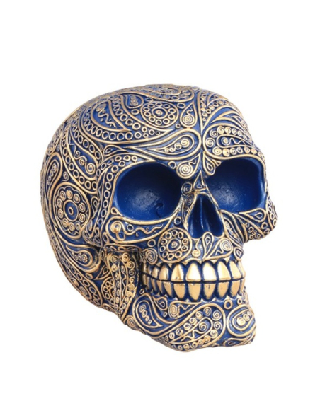 Crâne résine Blue Magic Baroque – Décoration gothique chic bleu et or