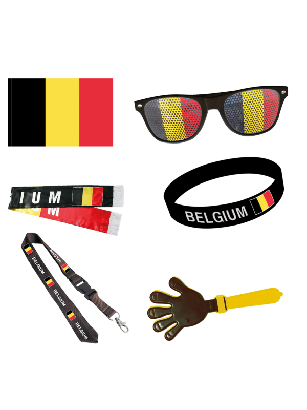Fan kit Belgique 6 pièces avec drapeau, lunettes, écharpe, bracelet, cordon et claque-main