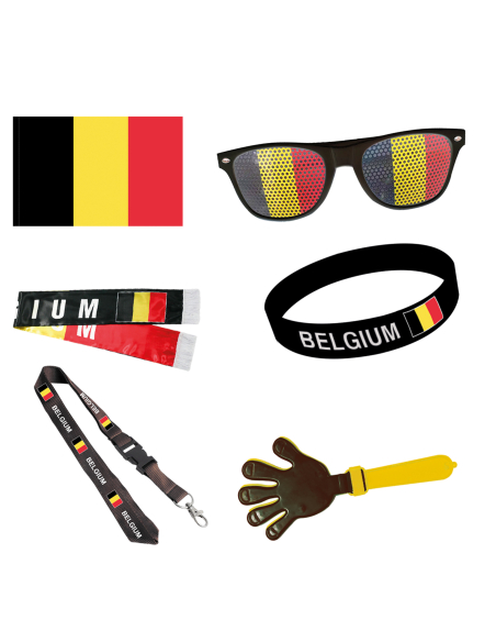 Fan kit Belgique 6 pièces avec drapeau, lunettes, écharpe, bracelet, cordon et claque-main
