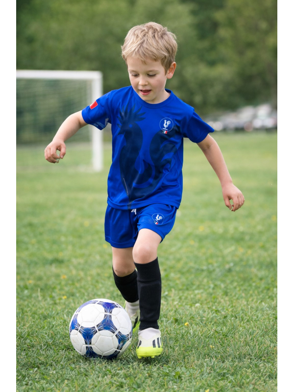 Ensemble foot France enfant – Maillot + short bleu (polyester) | Tailles 116 à 164