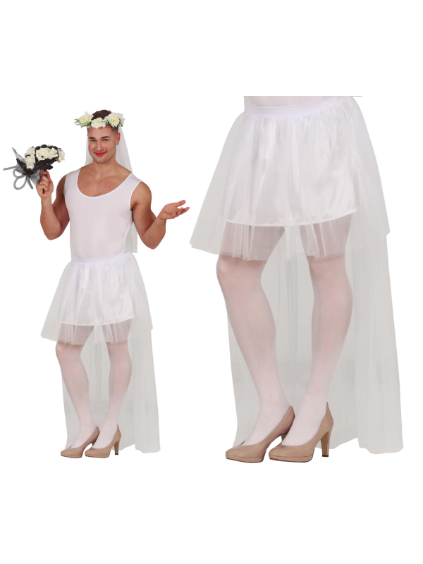 Homme portant un tutu de mariée blanc avec traîne – accessoire EVG humour