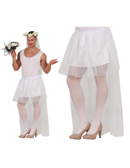 Homme portant un tutu de mariée blanc avec traîne – accessoire EVG humour