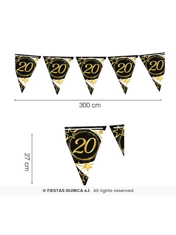 Guirlande Fanions Anniversaire Noir & Or 300 cm –  20 ans