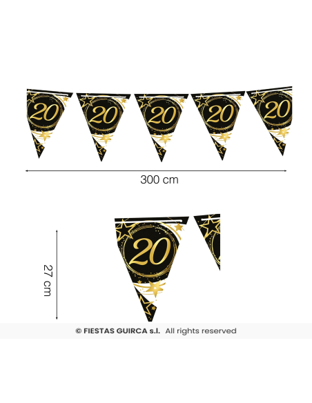 Guirlande Fanions Anniversaire Noir & Or 300 cm –  20 ans