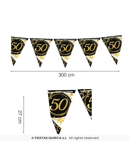 Guirlande Fanions Anniversaire Noir & Or 300 cm –50 ans