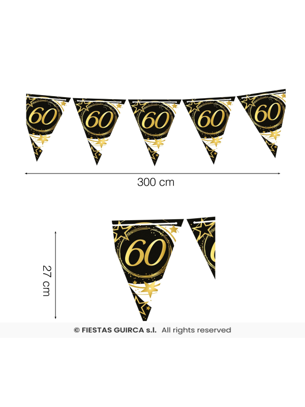 Guirlande Fanions Anniversaire Noir & Or 300 cm – 60 ans