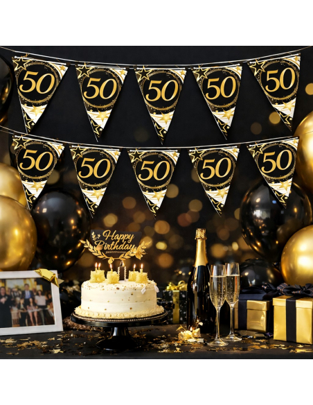 Guirlande Fanions Anniversaire Noir & Or 300 cm – 18, 20, 30, 40, 50, 60 ans